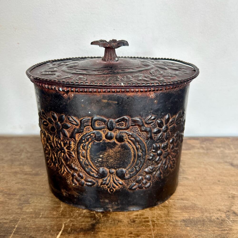 Antique Edwardian Metal Canister, Repousse Kitchen Storage, Victorian
